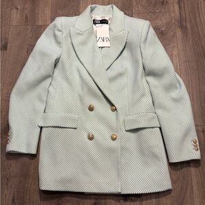 Zara Blazer Jacket Women’s L Blue Cream Cotton Stretch Striped Double Breasted